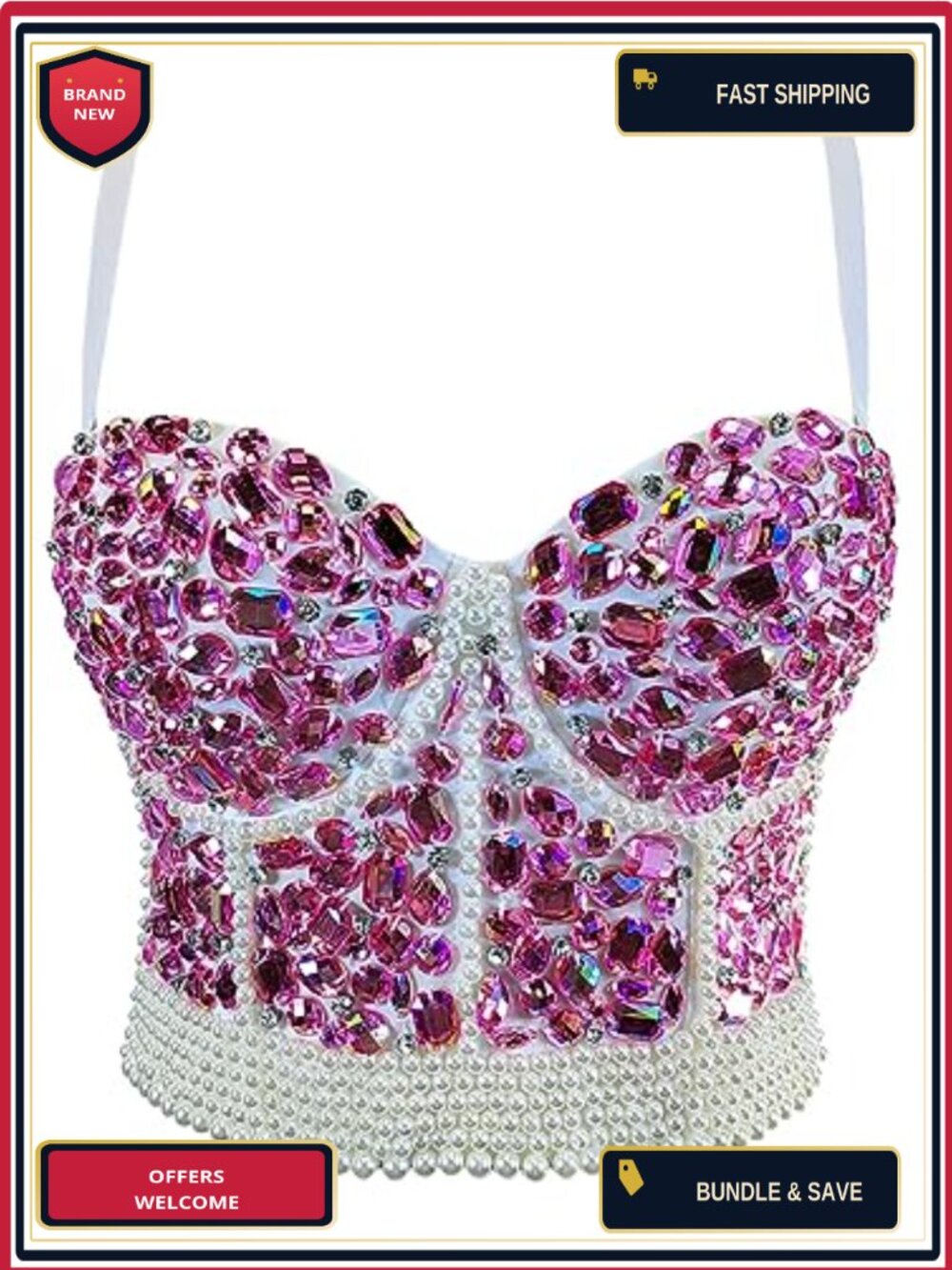 Rhinestone Bead Bustier Crop Top Glitter Corset Bra Push Up Underwire